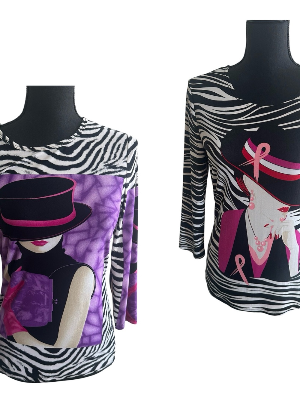 Two Peter Nygard Black, White & Purple Zebra Graphic Long Sleeve Tops